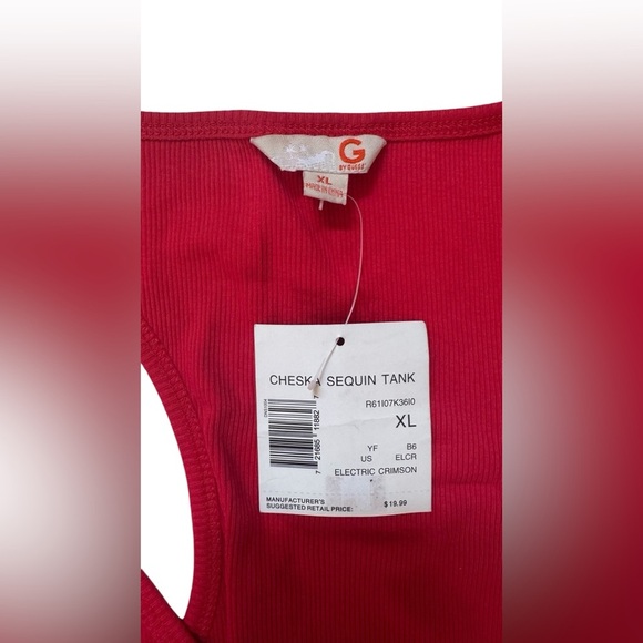 G by guess ribbed tank top featuring silver & gunmetal sequins logo left corner - Picture 3 of 5